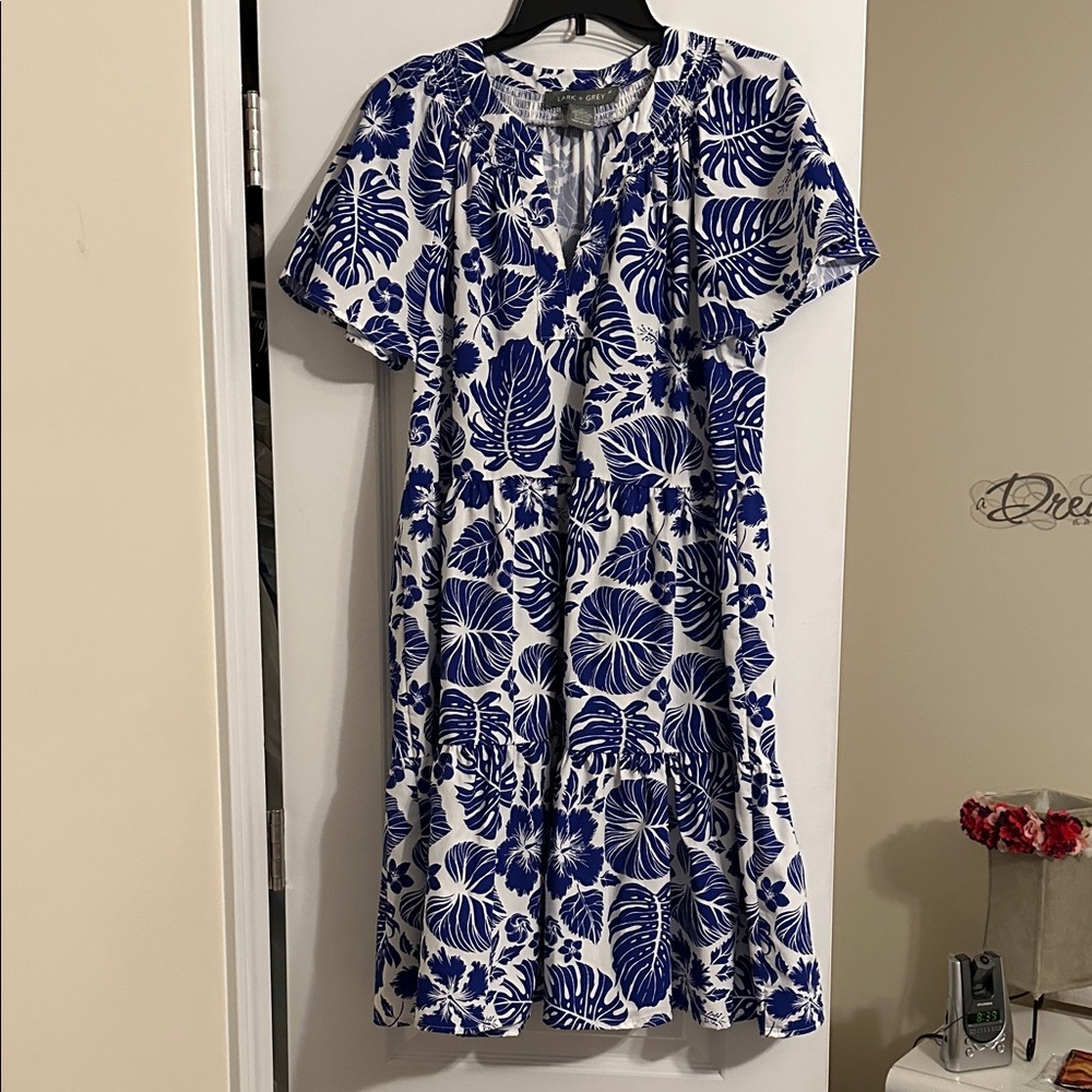 Tropical Blue and White Midi Dress